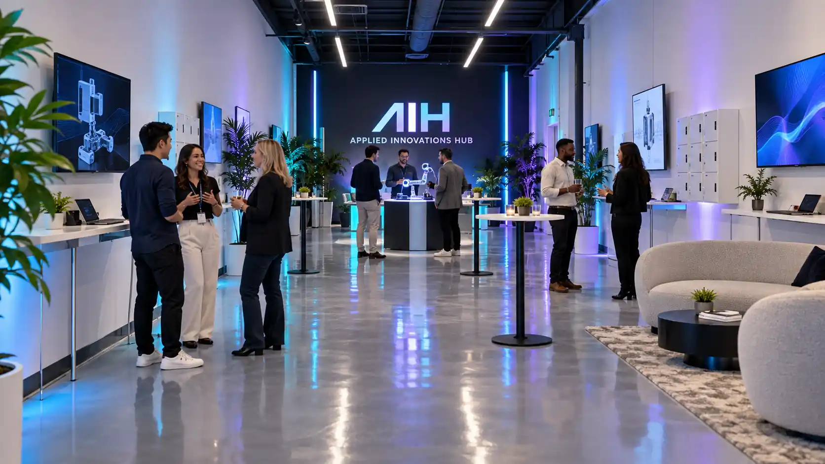 AI-generated future networking and client demo event concept with people, wall lockers and cyan-blue-violet AIH lighting
